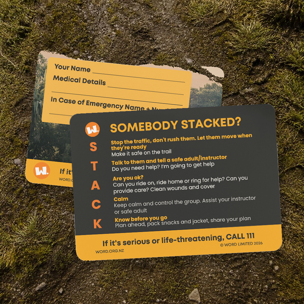 WORD STACK cards on a trail background showing the Somebody Stacked? emergency steps